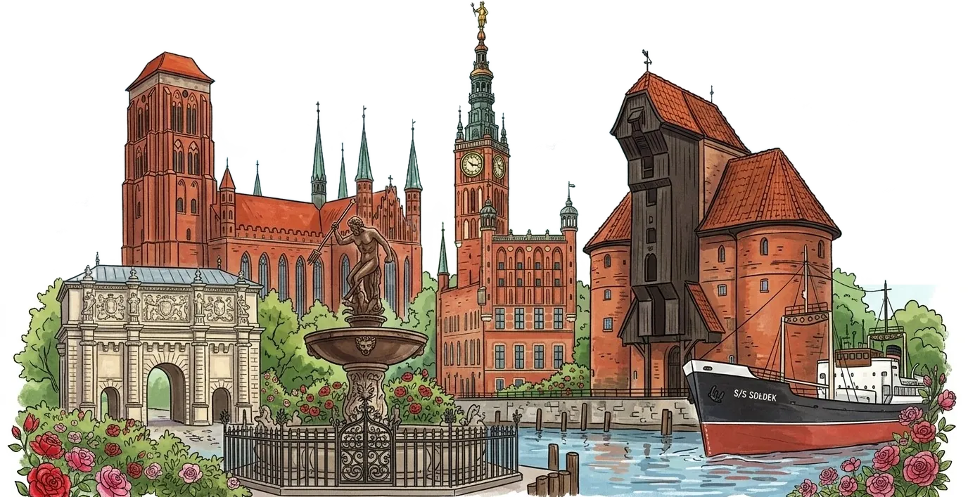 Rysunek symboli Gdańska: Bazylika Mariacka, Złota Brama, fontanna Neptuna, Ratusz, Żuraw i statek Sołdek wśród róż